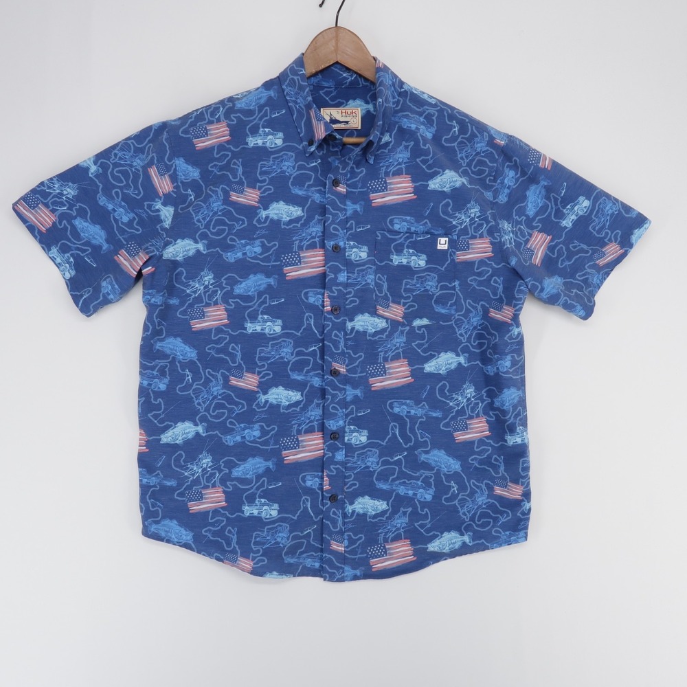 Huk Kona Shirt Mens L Blue Graphic Short Sleeve Button Down Fishing USA Flag